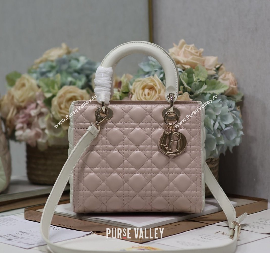 Dior Medium Lady Dior Bag in Two-Tone Cannage Lambskin 5651 White/Pink 2024 (XXG-24050920)