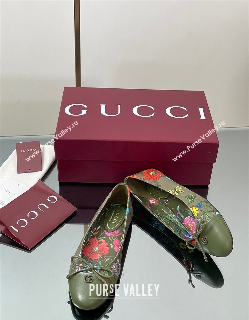 Gucci Flora Printed Ballet Flats Dark Green 2025 ‎840726 (MD-250828053)