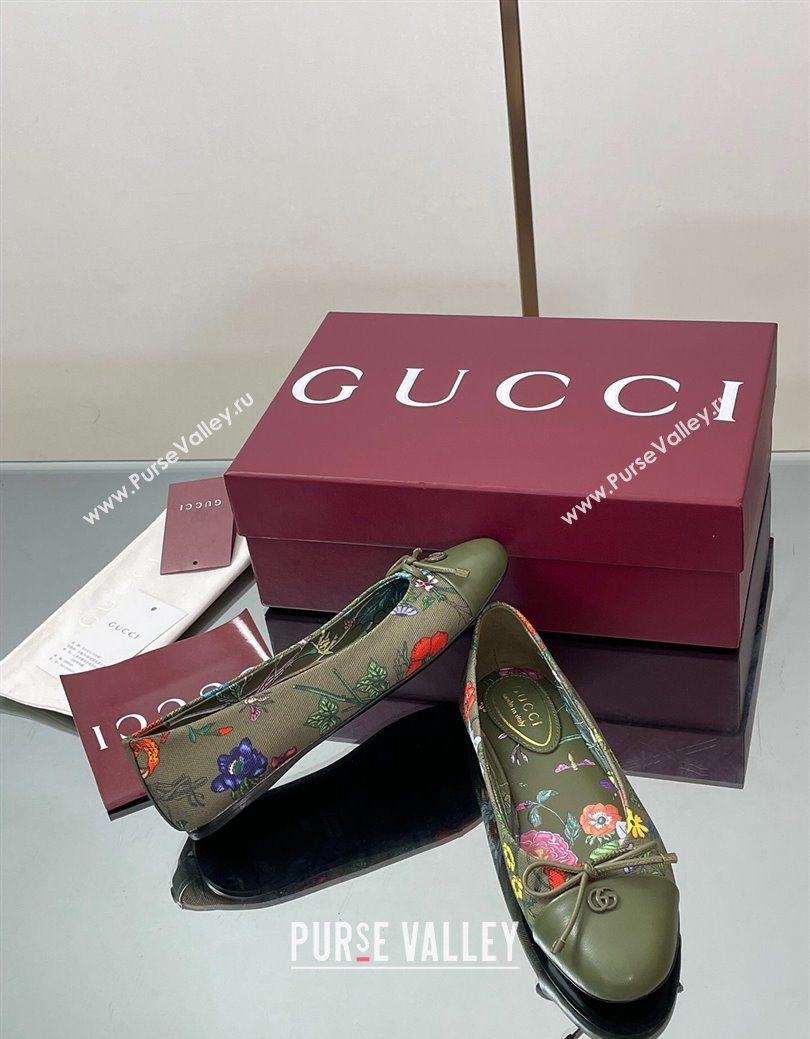 Gucci Flora Printed Ballet Flats Dark Green 2025 ‎840726 (MD-250828053)