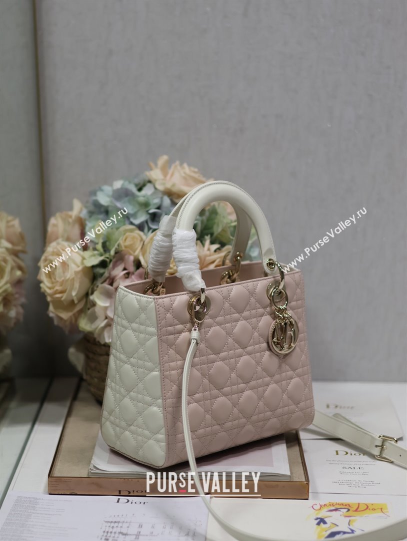 Dior Medium Lady Dior Bag in Two-Tone Cannage Lambskin 5651 White/Pink 2024 (XXG-24050920)