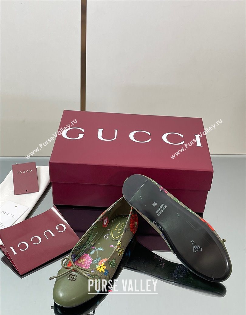 Gucci Flora Printed Ballet Flats Dark Green 2025 ‎840726 (MD-250828053)