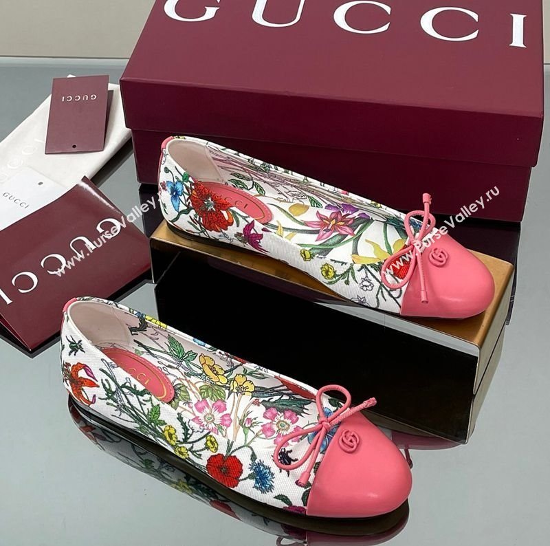 Gucci Flora Printed Ballet Flats White/Pink 2025 ‎840726 (MD-250828054)