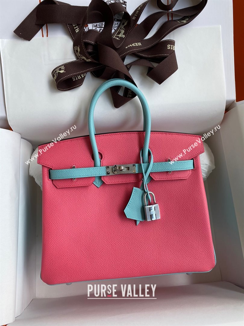 Hermes Birkin 25cm/30cm/35cm Bag in Original Epsom Leather Lipstick Pink/Blue/Silver 2024 (Full Handmade) (XYA-24070113)