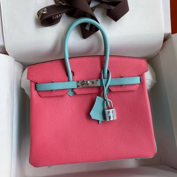 Hermes Birkin 25cm/30cm/35cm Bag in Original Epsom Leather Lipstick Pink/Blue/Silver 2024 (Full Handmade) (XYA-24070113)