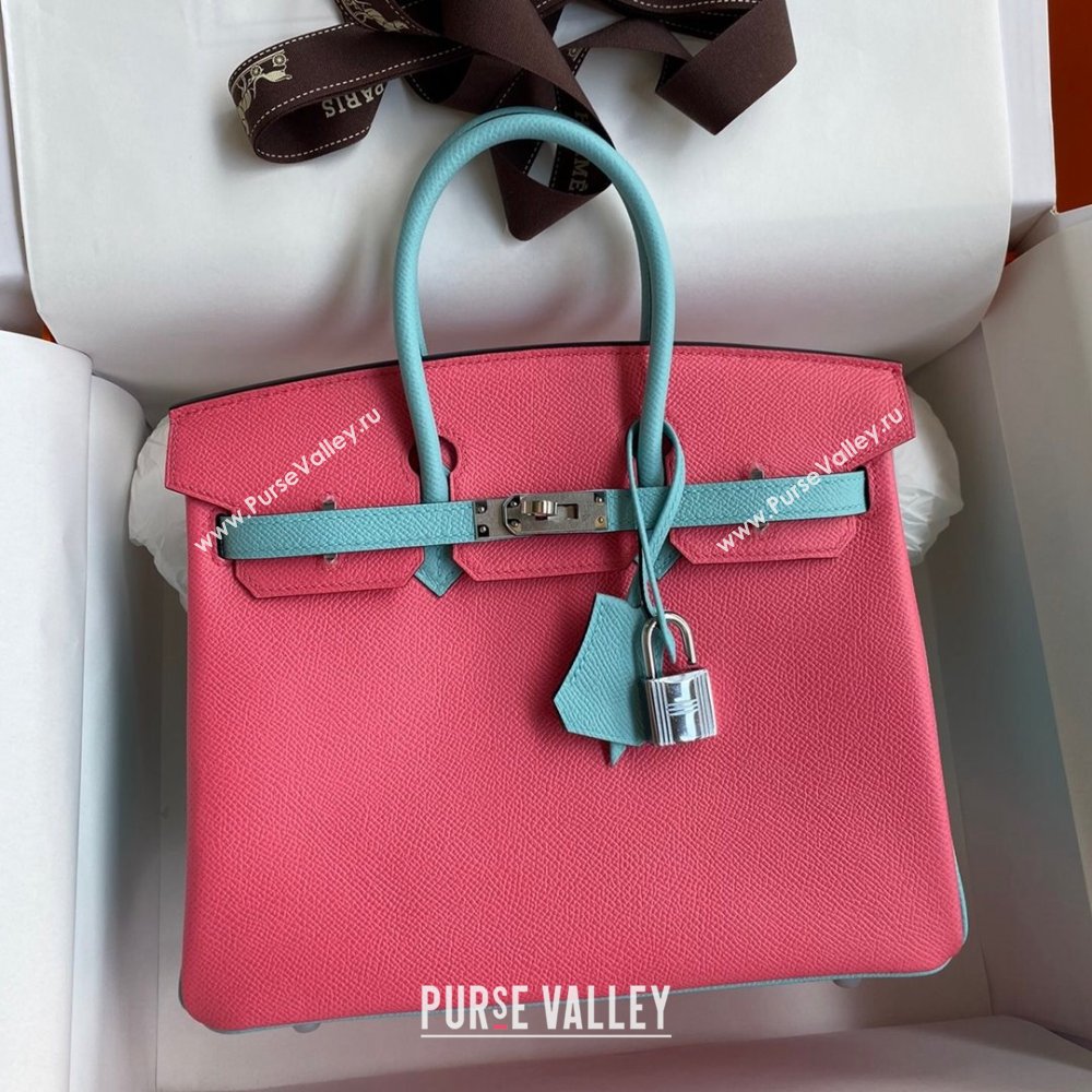 Hermes Birkin 25cm/30cm/35cm Bag in Original Epsom Leather Lipstick Pink/Blue/Silver 2024 (Full Handmade) (XYA-24070113)