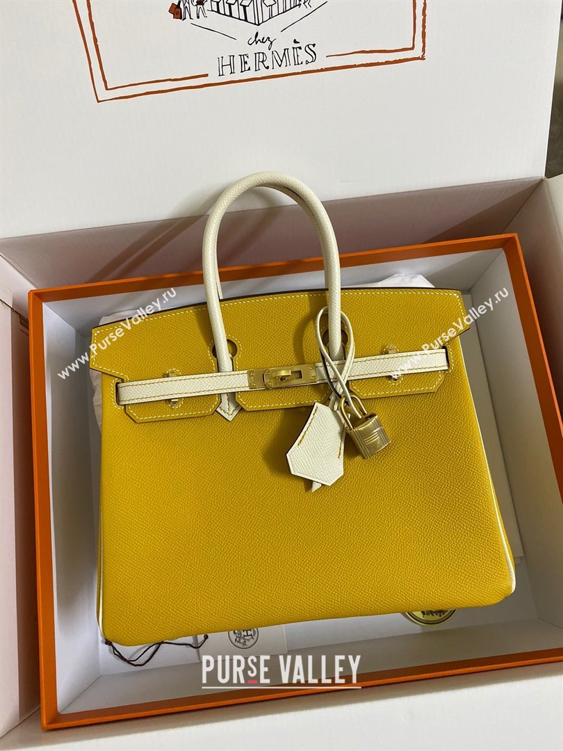 Hermes Birkin 25cm/30cm/35cm Bag in Original Epsom Leather Amber Yellow/Cream White/Gold 2024 (Full Handmade) (XYA-24070114)