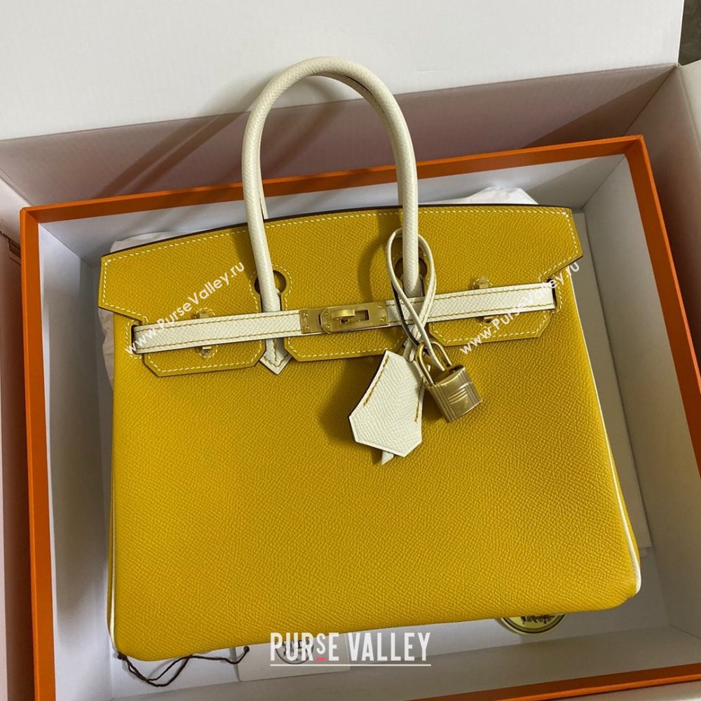 Hermes Birkin 25cm/30cm/35cm Bag in Original Epsom Leather Amber Yellow/Cream White/Gold 2024 (Full Handmade) (XYA-24070114)