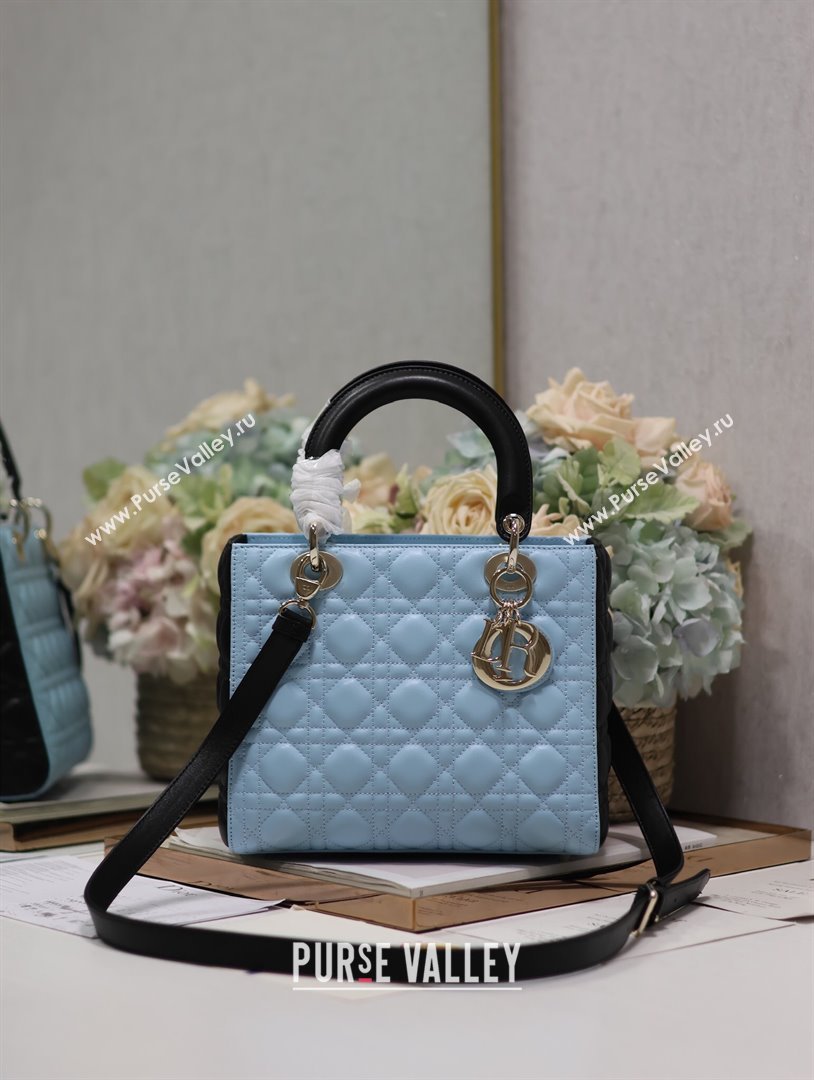 Dior Medium Lady Dior Bag in Two-Tone Cannage Lambskin 5651 Black/Blue 2024 (XXG-24050926)