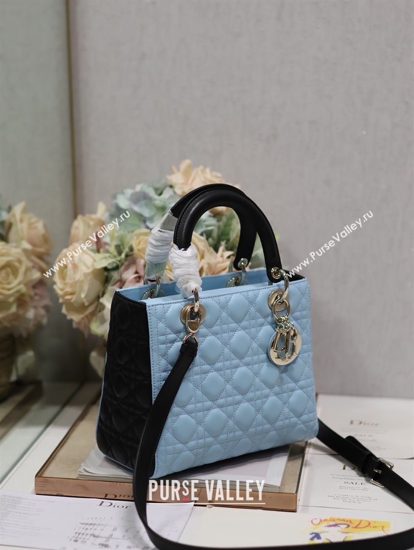 Dior Medium Lady Dior Bag in Two-Tone Cannage Lambskin 5651 Black/Blue 2024 (XXG-24050926)