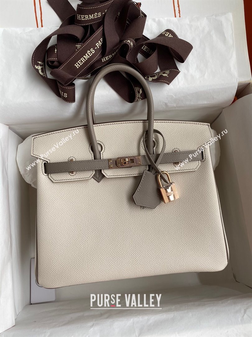 Hermes Birkin 25cm/30cm/35cm Bag in Original Epsom Leather Milkshake White/Grey/Rosy Gold 2024 (Full Handmade) (XYA-24070117)