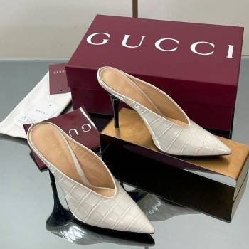 Gucci V Heel Mules 10.5cm in Stone Embossed Leather White 2025 GG082801 (MD-250828034)