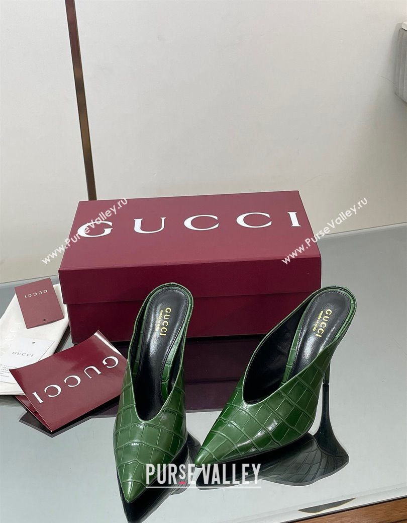 Gucci V Heel Mules 10.5cm in Stone Embossed Leather Green 2025 GG082801 (MD-250828032)