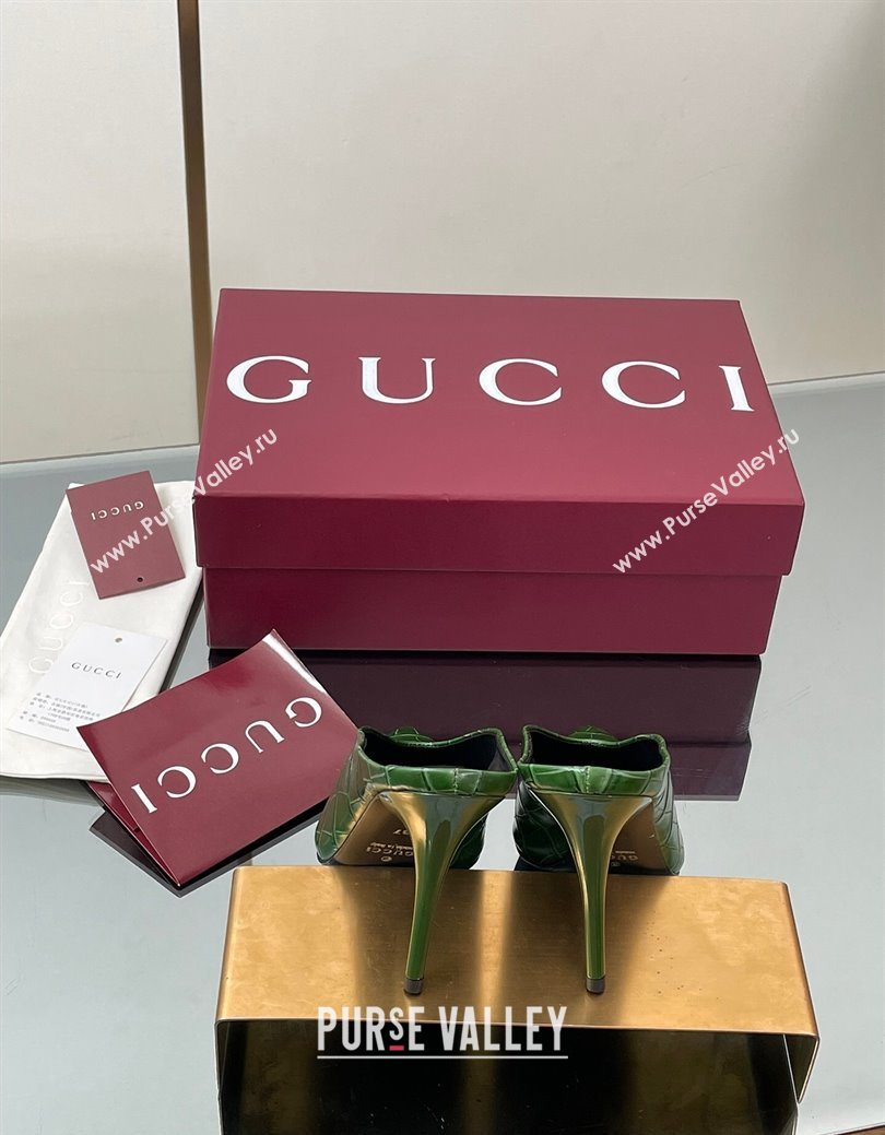 Gucci V Heel Mules 10.5cm in Stone Embossed Leather Green 2025 GG082801 (MD-250828032)