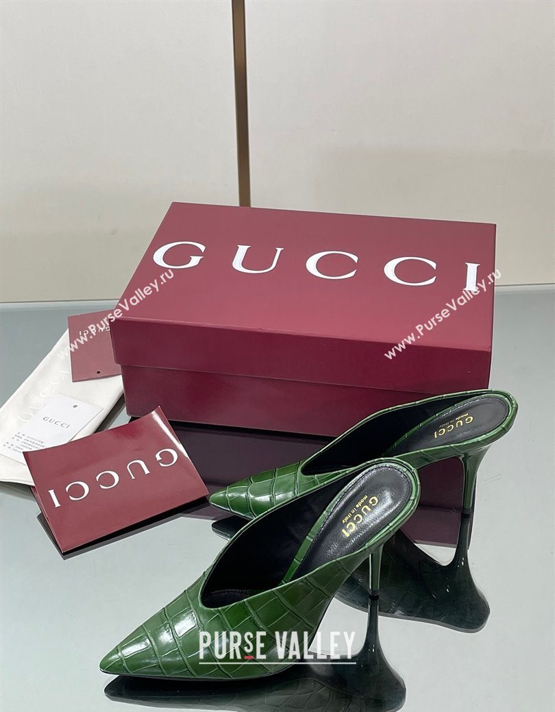 Gucci V Heel Mules 10.5cm in Stone Embossed Leather Green 2025 GG082801 (MD-250828032)