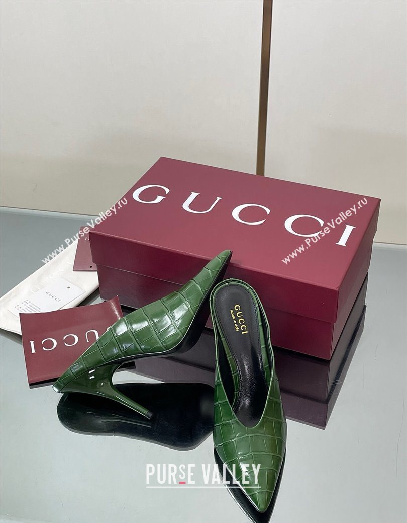 Gucci V Heel Mules 10.5cm in Stone Embossed Leather Green 2025 GG082801 (MD-250828032)