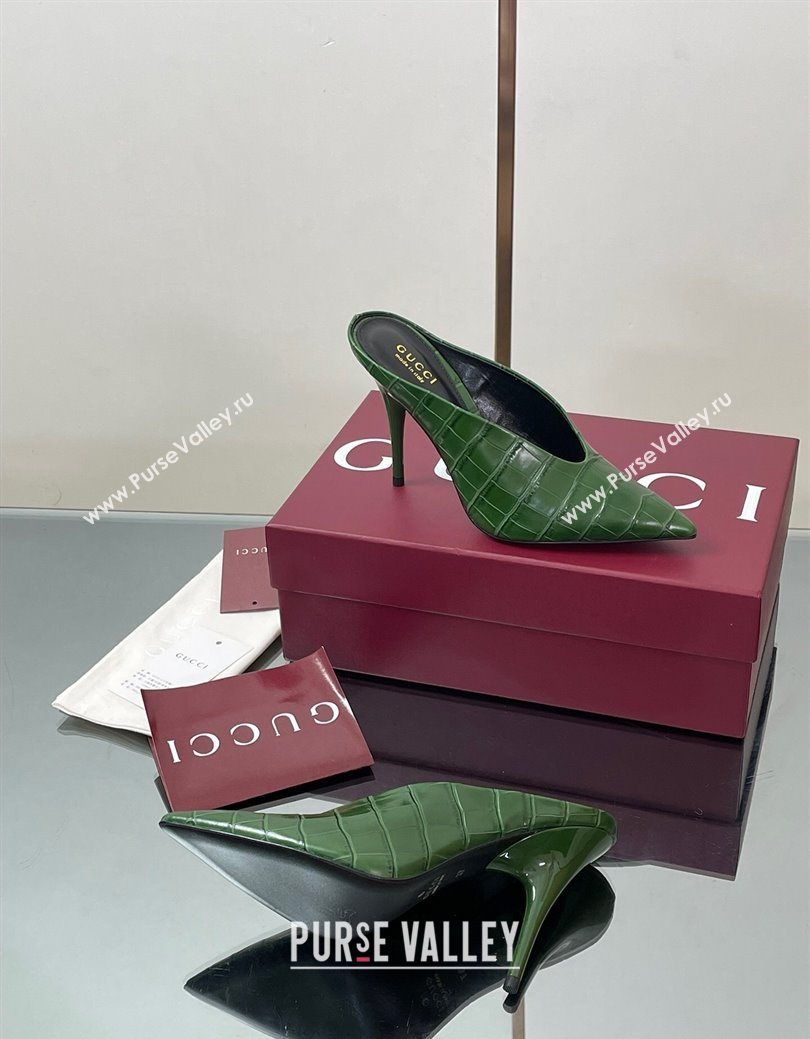 Gucci V Heel Mules 10.5cm in Stone Embossed Leather Green 2025 GG082801 (MD-250828032)