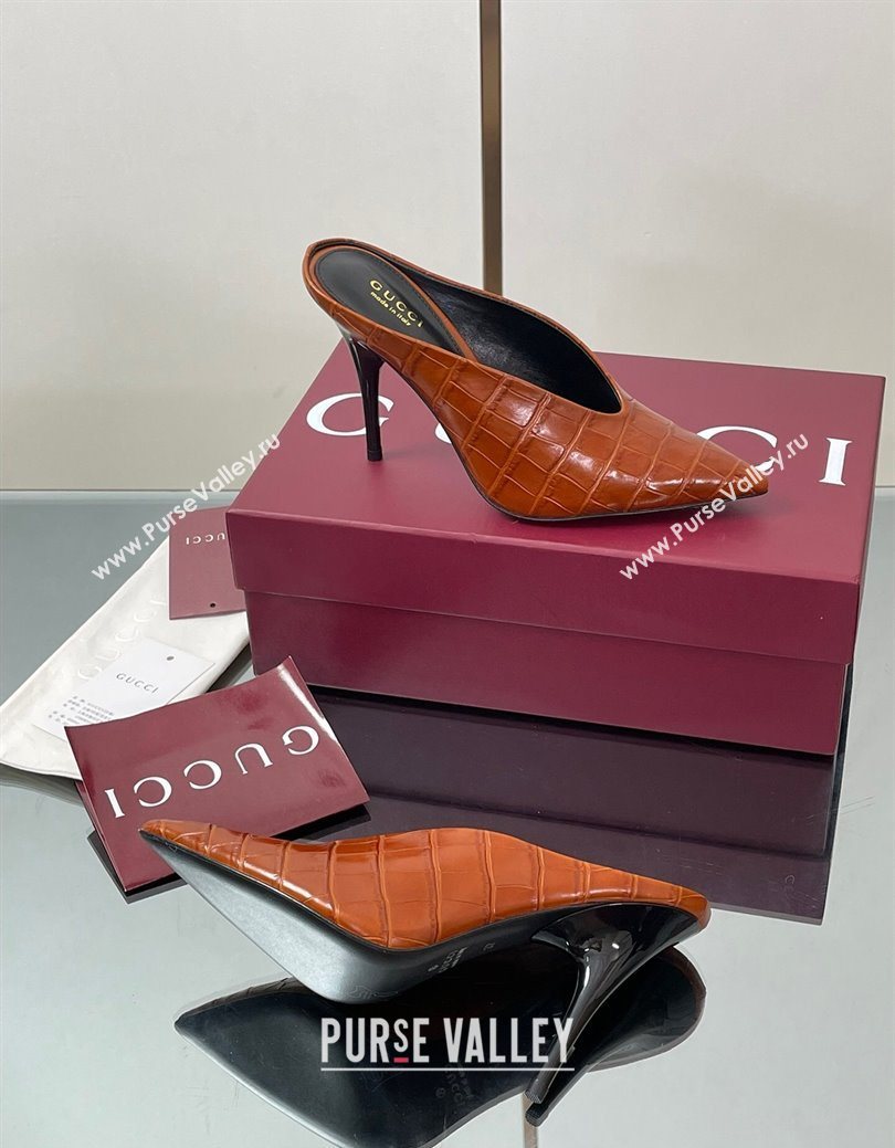 Gucci V Heel Mules 10.5cm in Stone Embossed Leather Brown 2025 GG082801 (MD-250828033)