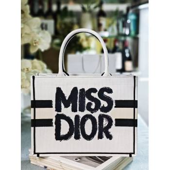 Dior Medium Book Tote bag in White and Black Miss Dior Graffiti Embroidery 1286 2024 (DMZ-24082304)