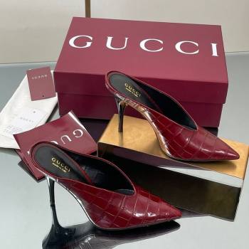 Gucci V Heel Mules 10.5cm in Stone Embossed Leather Ancora Red 2025 GG082801 (MD-250828031)