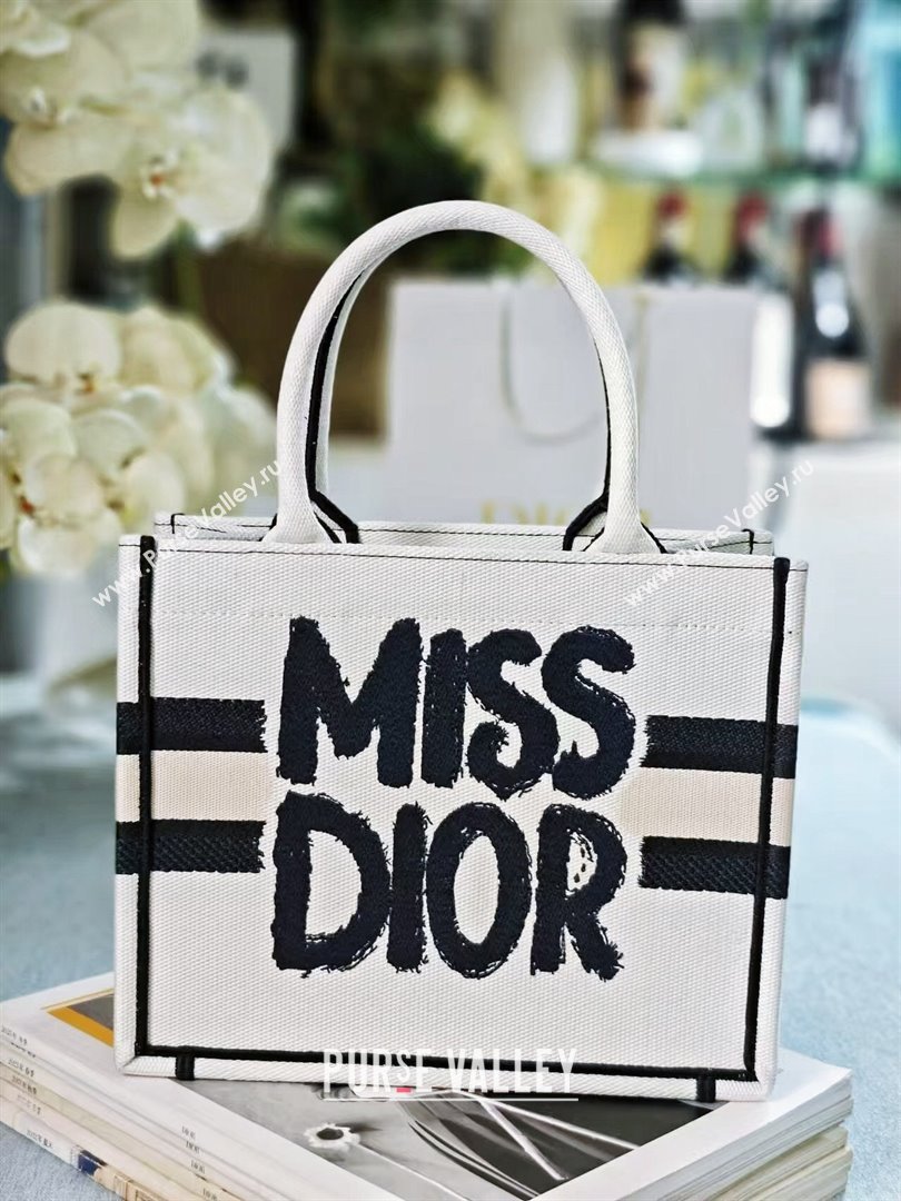 Dior Small Book Tote bag in White and Black Miss Dior Graffiti Embroidery 1286 2024 (DMZ-24082303)