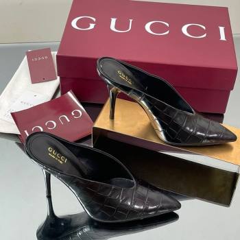 Gucci V Heel Mules 10.5cm in Stone Embossed Leather Black 2025 GG082801 (MD-250828030)
