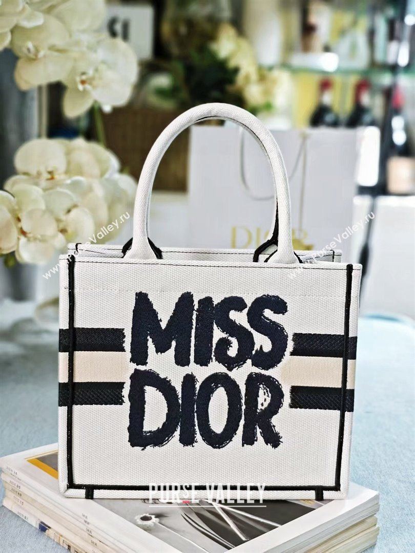 Dior Small Book Tote bag in White and Black Miss Dior Graffiti Embroidery 1286 2024 (DMZ-24082303)