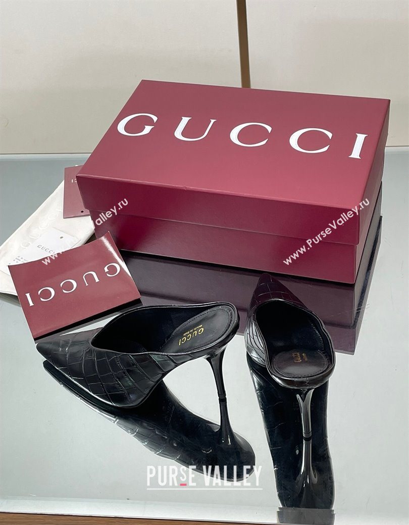 Gucci V Heel Mules 10.5cm in Stone Embossed Leather Black 2025 GG082801 (MD-250828030)