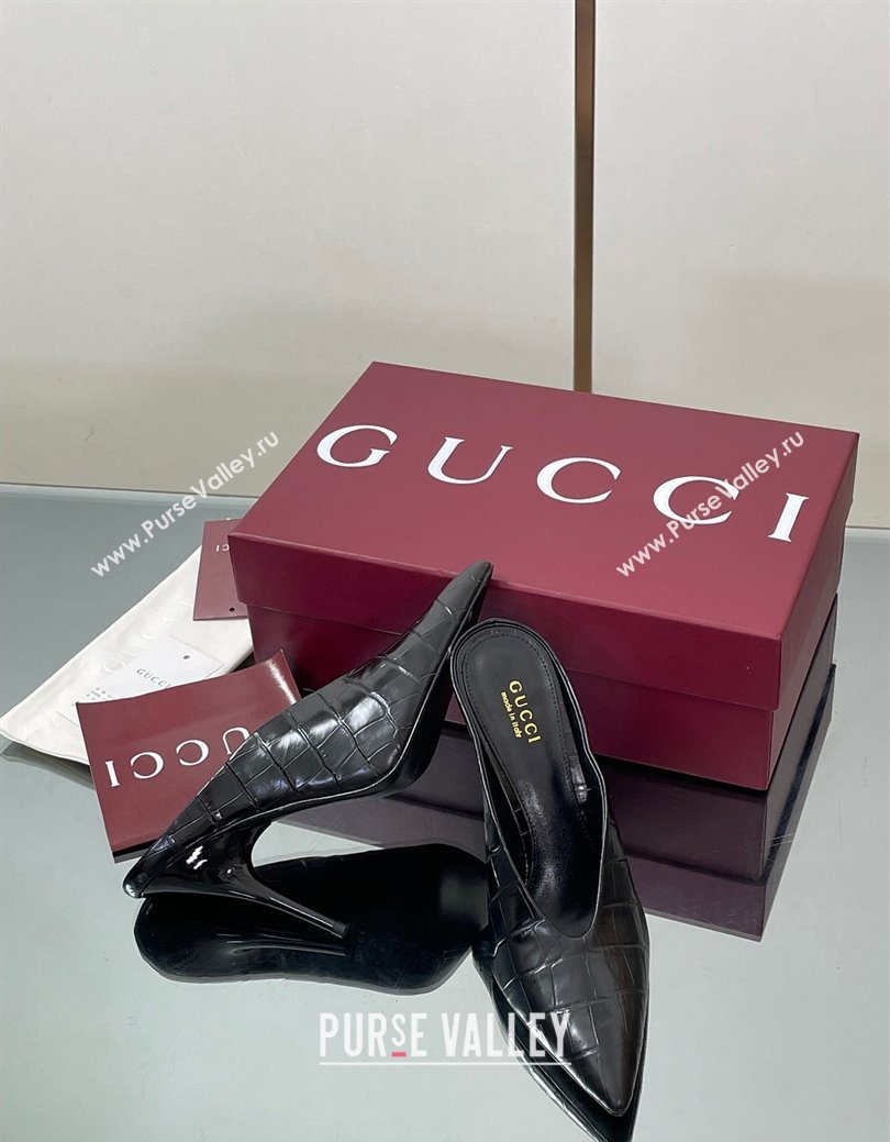 Gucci V Heel Mules 10.5cm in Stone Embossed Leather Black 2025 GG082801 (MD-250828030)
