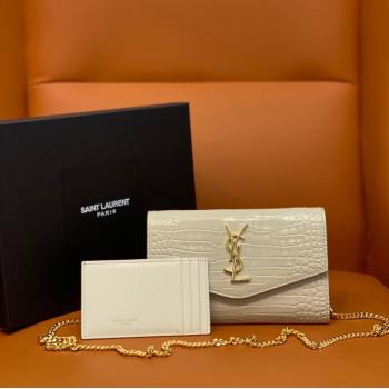 Saint Laurent Uptown Envelope Chain Wallet WOC in Crocodile Pattern Leather 607788 Beige 2024 (DL-24032616)