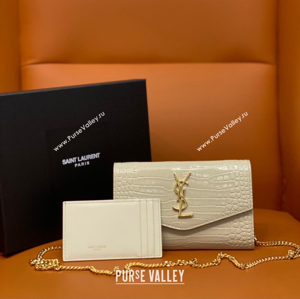 Saint Laurent Uptown Envelope Chain Wallet WOC in Crocodile Pattern Leather 607788 Beige 2024 (DL-24032616)