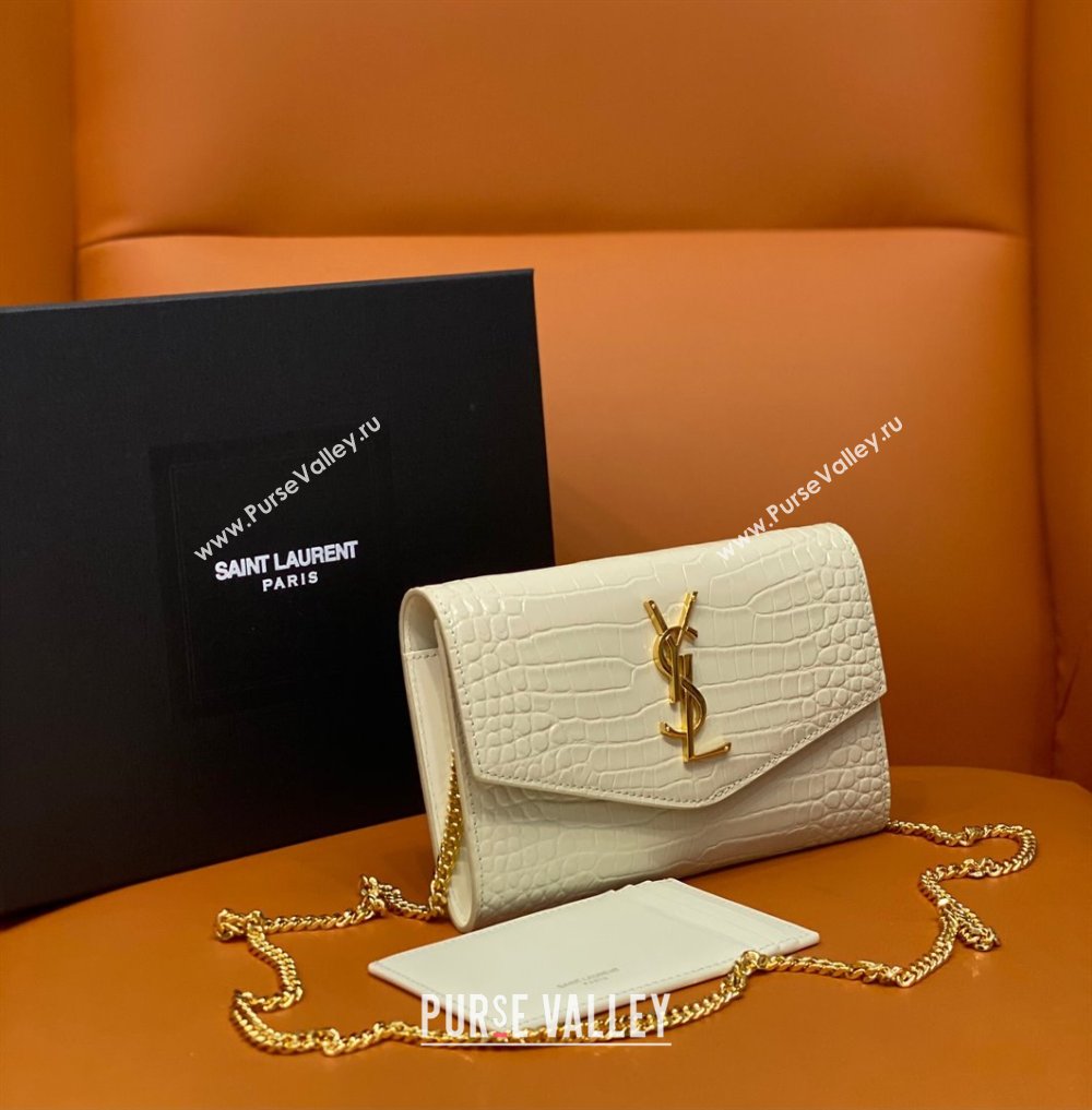 Saint Laurent Uptown Envelope Chain Wallet WOC in Crocodile Pattern Leather 607788 Beige 2024 (DL-24032616)