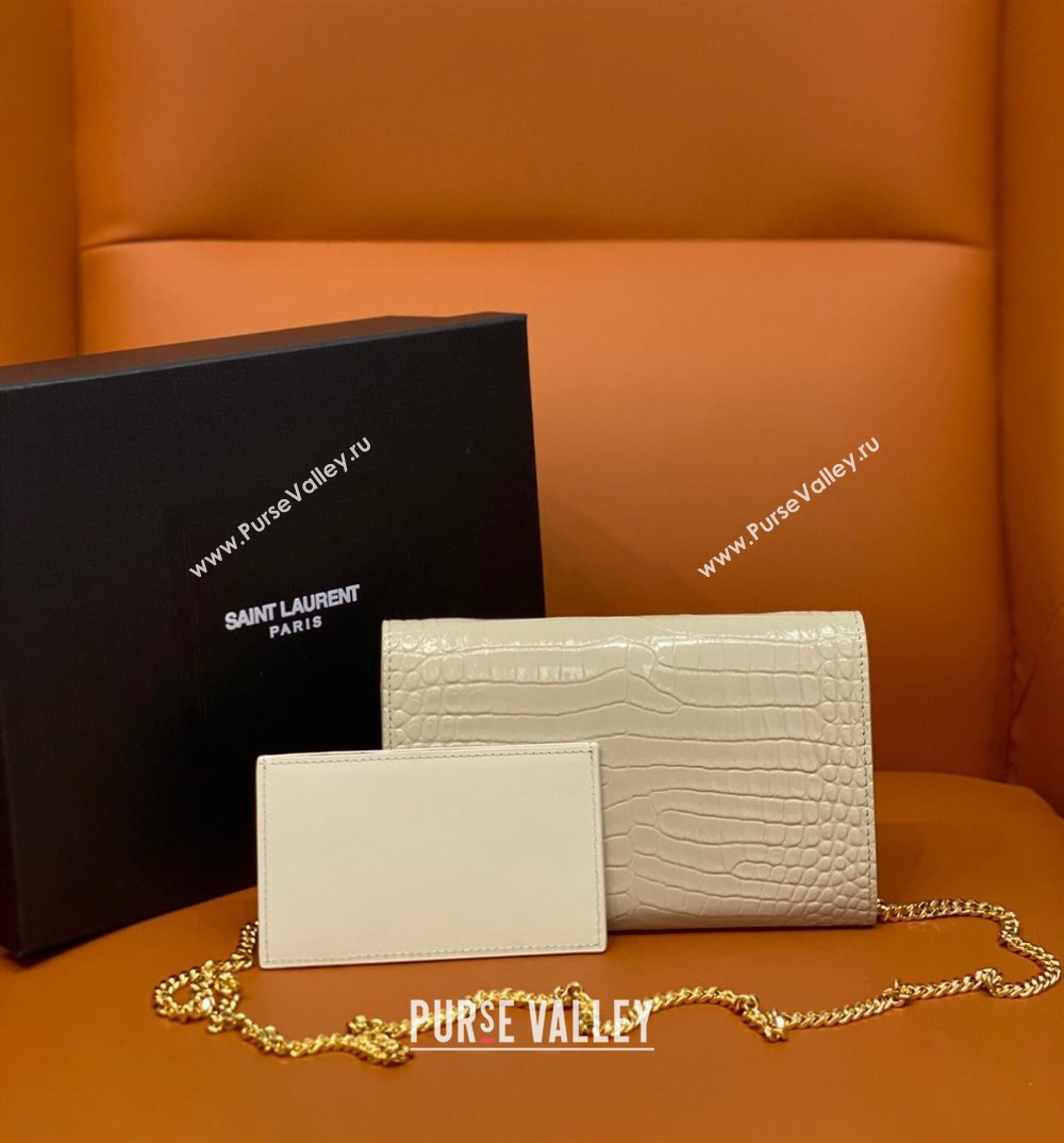 Saint Laurent Uptown Envelope Chain Wallet WOC in Crocodile Pattern Leather 607788 Beige 2024 (DL-24032616)