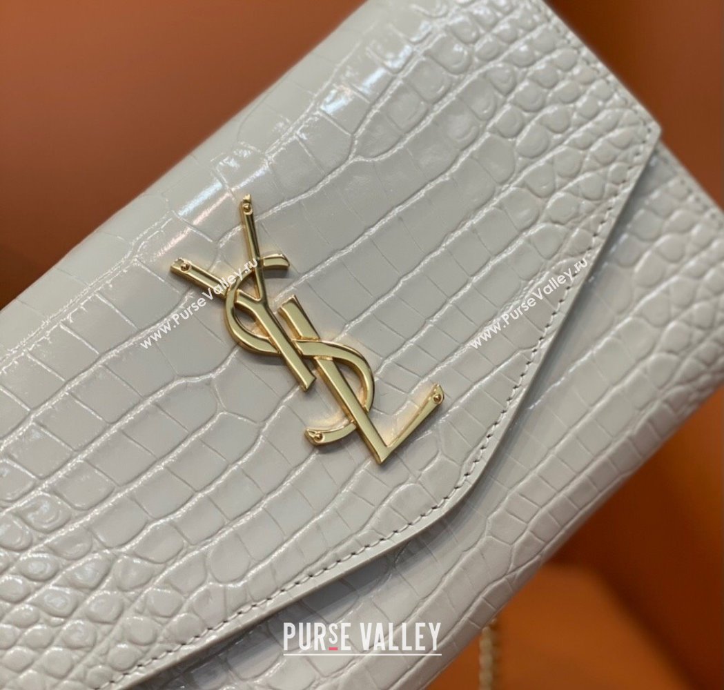 Saint Laurent Uptown Envelope Chain Wallet WOC in Crocodile Pattern Leather 607788 Beige 2024 (DL-24032616)