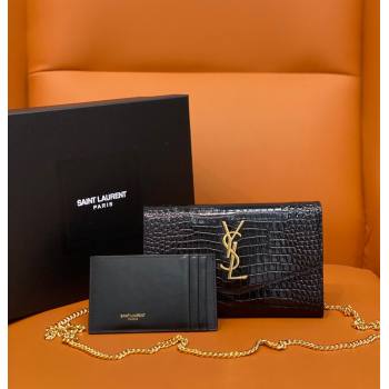 Saint Laurent Uptown Envelope Chain Wallet WOC in Crocodile Pattern Leather 607788 Black/Gold 2024 (DL-24032617)