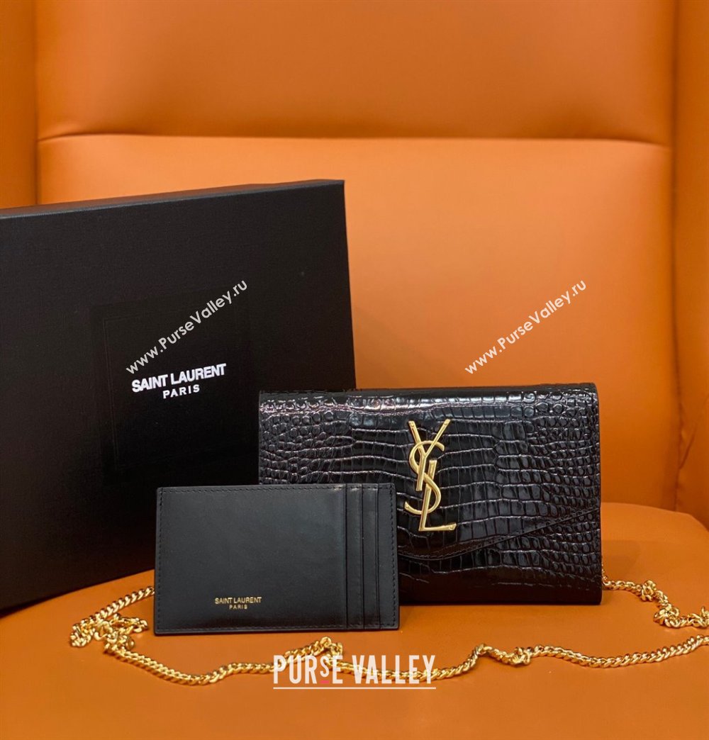 Saint Laurent Uptown Envelope Chain Wallet WOC in Crocodile Pattern Leather 607788 Black/Gold 2024 (DL-24032617)