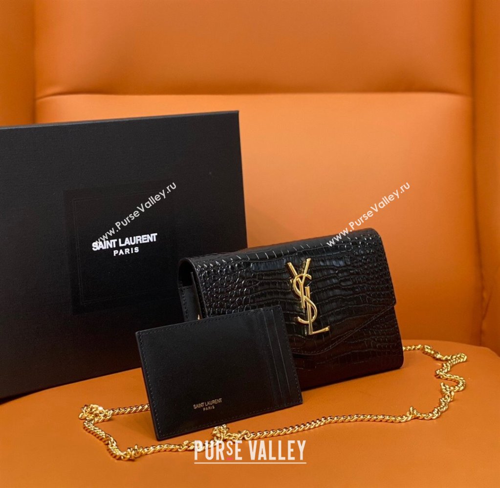 Saint Laurent Uptown Envelope Chain Wallet WOC in Crocodile Pattern Leather 607788 Black/Gold 2024 (DL-24032617)