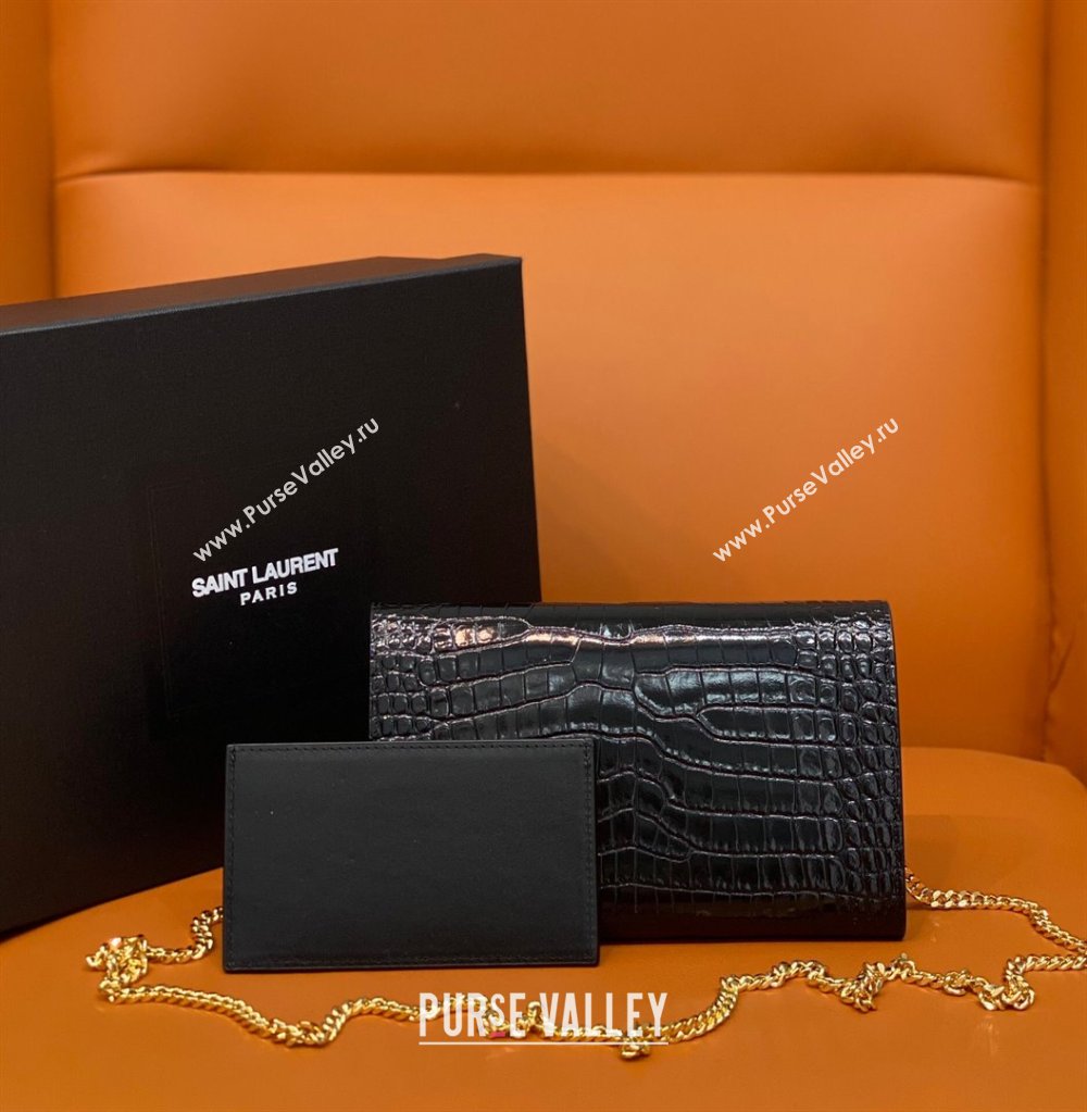 Saint Laurent Uptown Envelope Chain Wallet WOC in Crocodile Pattern Leather 607788 Black/Gold 2024 (DL-24032617)