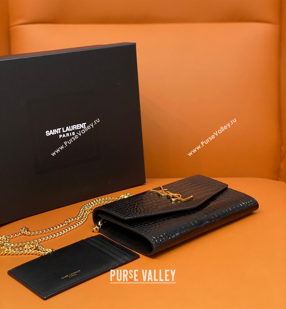 Saint Laurent Uptown Envelope Chain Wallet WOC in Crocodile Pattern Leather 607788 Black/Gold 2024 (DL-24032617)