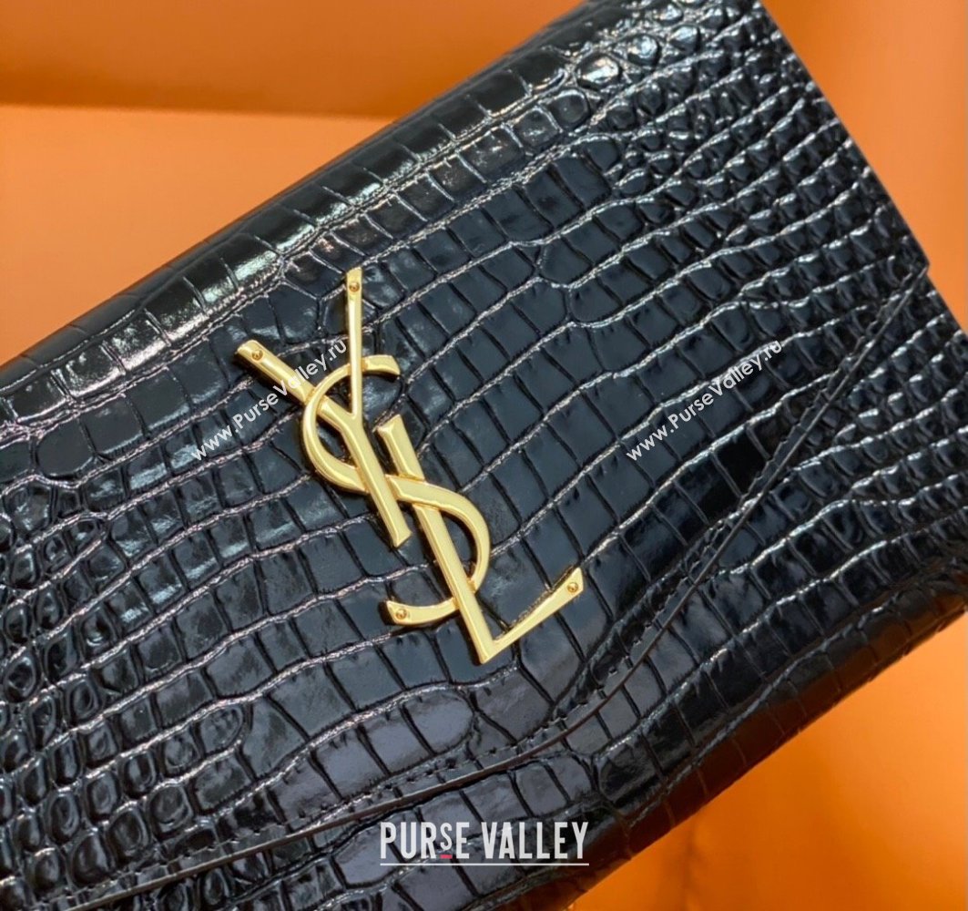 Saint Laurent Uptown Envelope Chain Wallet WOC in Crocodile Pattern Leather 607788 Black/Gold 2024 (DL-24032617)