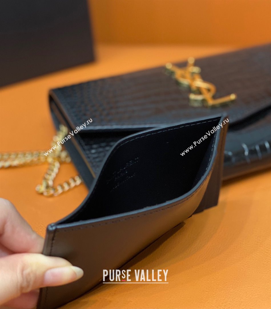 Saint Laurent Uptown Envelope Chain Wallet WOC in Crocodile Pattern Leather 607788 Black/Gold 2024 (DL-24032617)