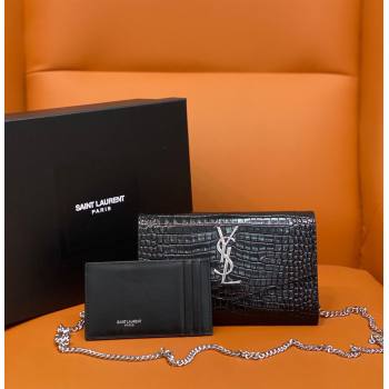 Saint Laurent Uptown Envelope Chain Wallet WOC in Crocodile Pattern Leather 607788 Black/Silver 2024 (DL-24032618)