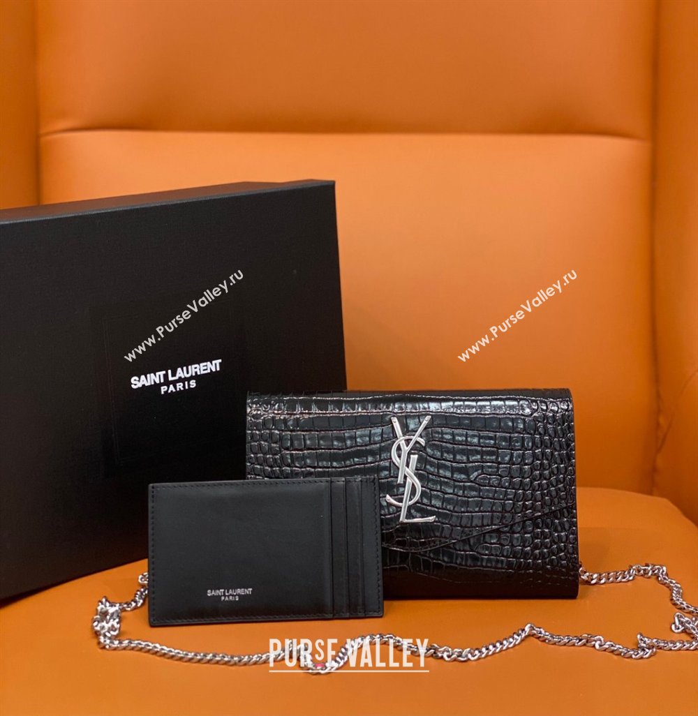 Saint Laurent Uptown Envelope Chain Wallet WOC in Crocodile Pattern Leather 607788 Black/Silver 2024 (DL-24032618)