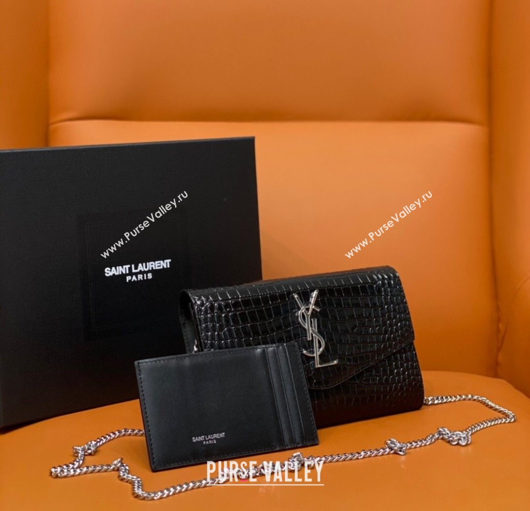 Saint Laurent Uptown Envelope Chain Wallet WOC in Crocodile Pattern Leather 607788 Black/Silver 2024 (DL-24032618)