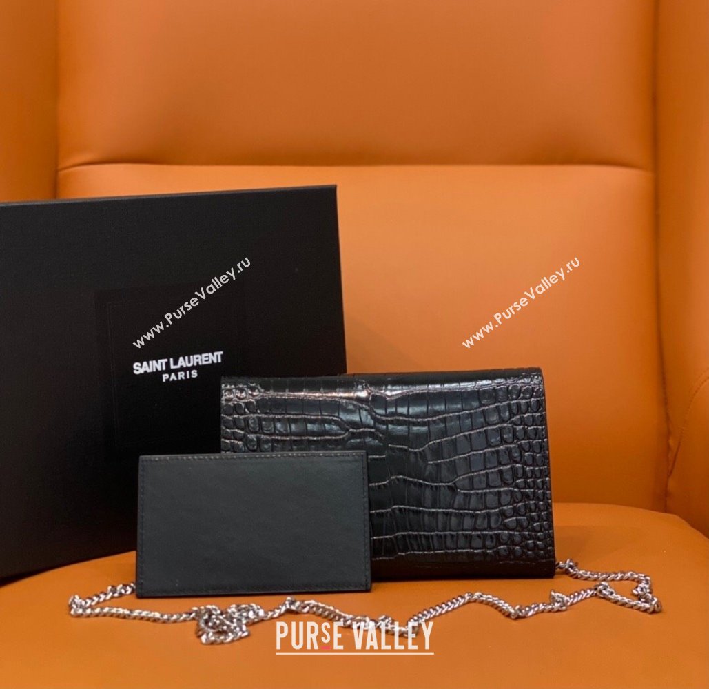 Saint Laurent Uptown Envelope Chain Wallet WOC in Crocodile Pattern Leather 607788 Black/Silver 2024 (DL-24032618)