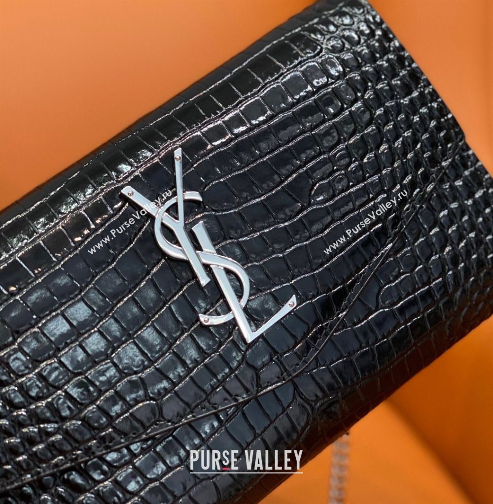 Saint Laurent Uptown Envelope Chain Wallet WOC in Crocodile Pattern Leather 607788 Black/Silver 2024 (DL-24032618)