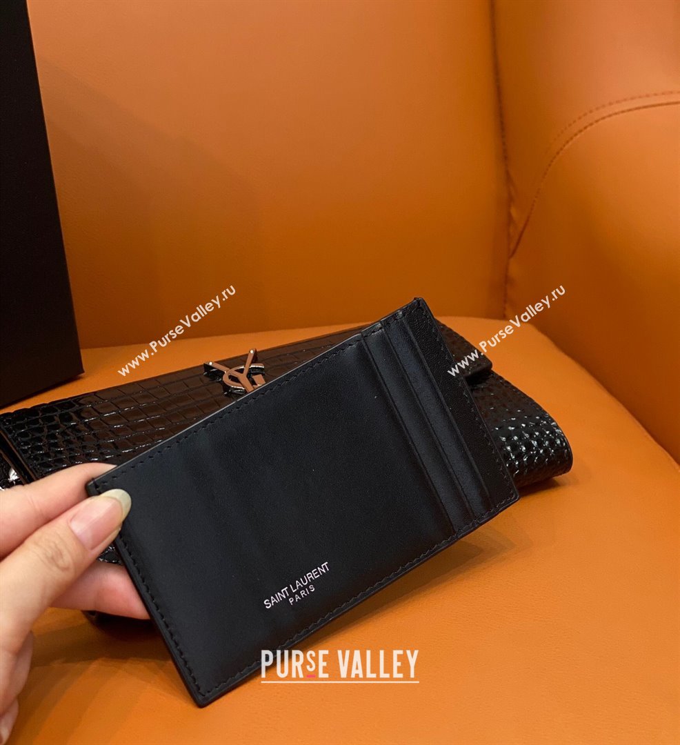 Saint Laurent Uptown Envelope Chain Wallet WOC in Crocodile Pattern Leather 607788 Black/Silver 2024 (DL-24032618)