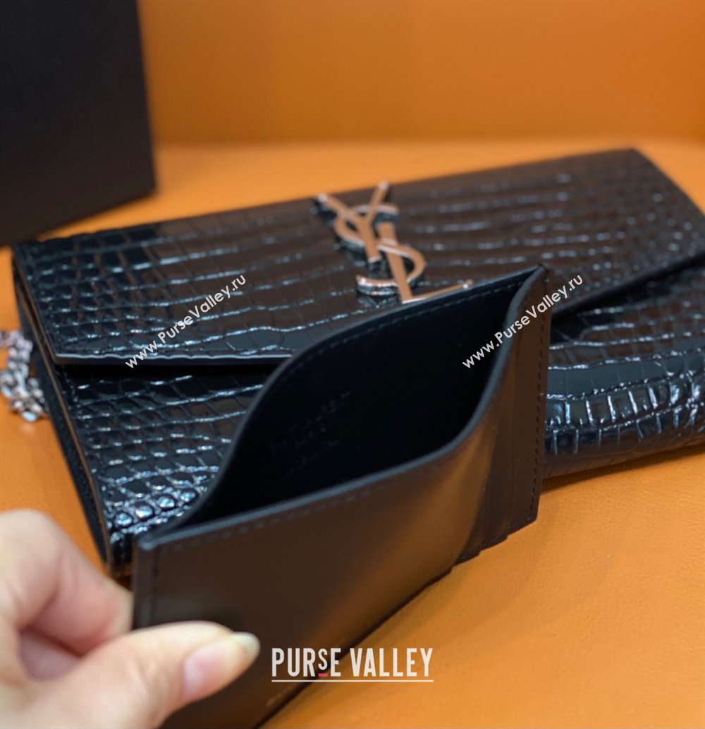 Saint Laurent Uptown Envelope Chain Wallet WOC in Crocodile Pattern Leather 607788 Black/Silver 2024 (DL-24032618)