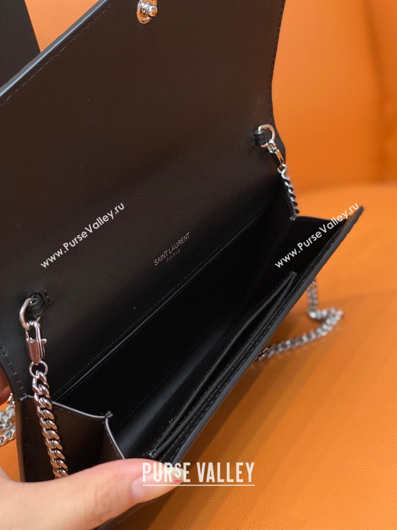 Saint Laurent Uptown Envelope Chain Wallet WOC in Crocodile Pattern Leather 607788 Black/Silver 2024 (DL-24032618)