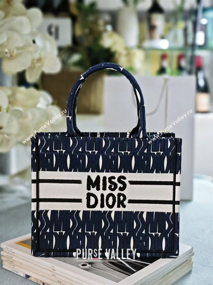 Dior Small Book Tote bag in Blue and White Miss Dior Allover Embroidery 1286 2024 (DMZ-24082308)