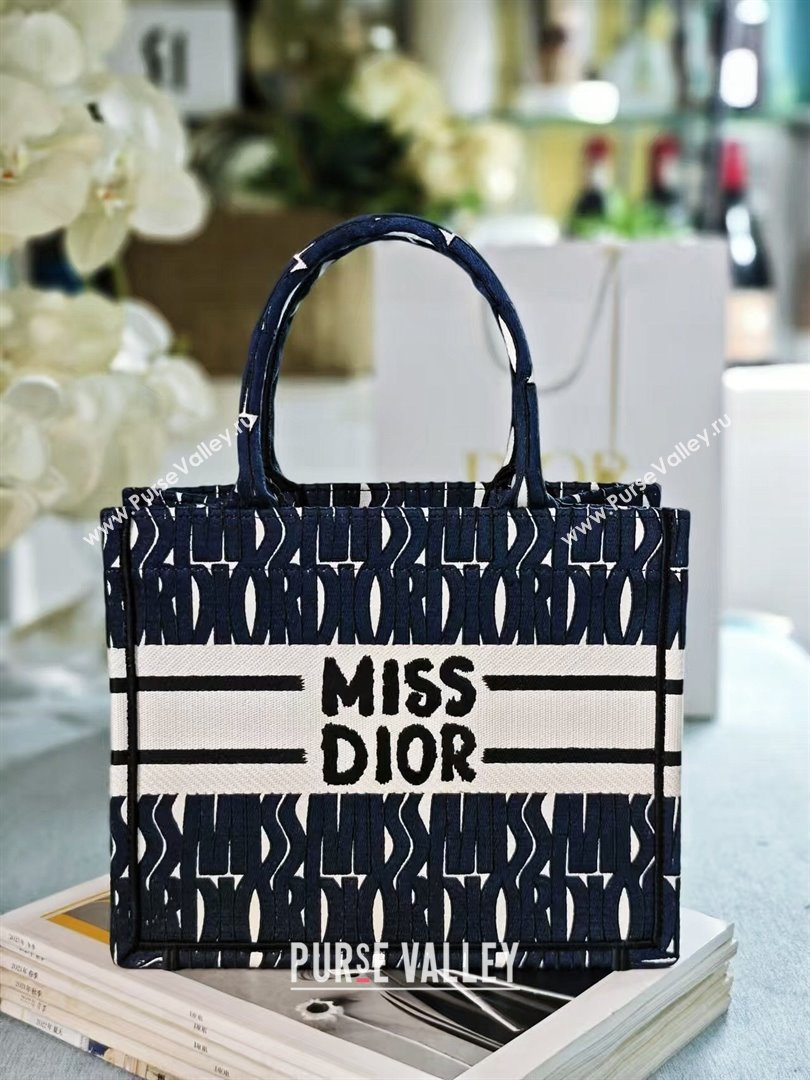 Dior Small Book Tote bag in Blue and White Miss Dior Allover Embroidery 1286 2024 (DMZ-24082308)